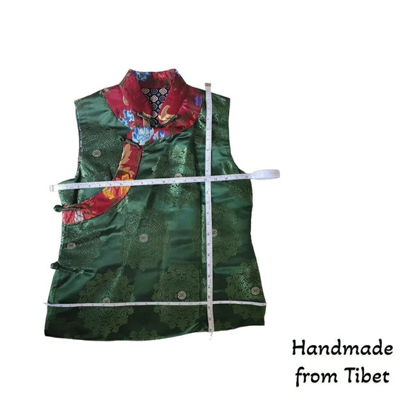 Handmade Tibetan | Women's Silk Vest | Green Damask Red Trim | Small - Picture 5 of 6